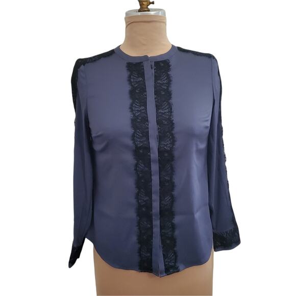 New with Tags Ann Taylor Button Up Shirt Blue with Black Lace Detail 4 Petite - Picture 1 of 10